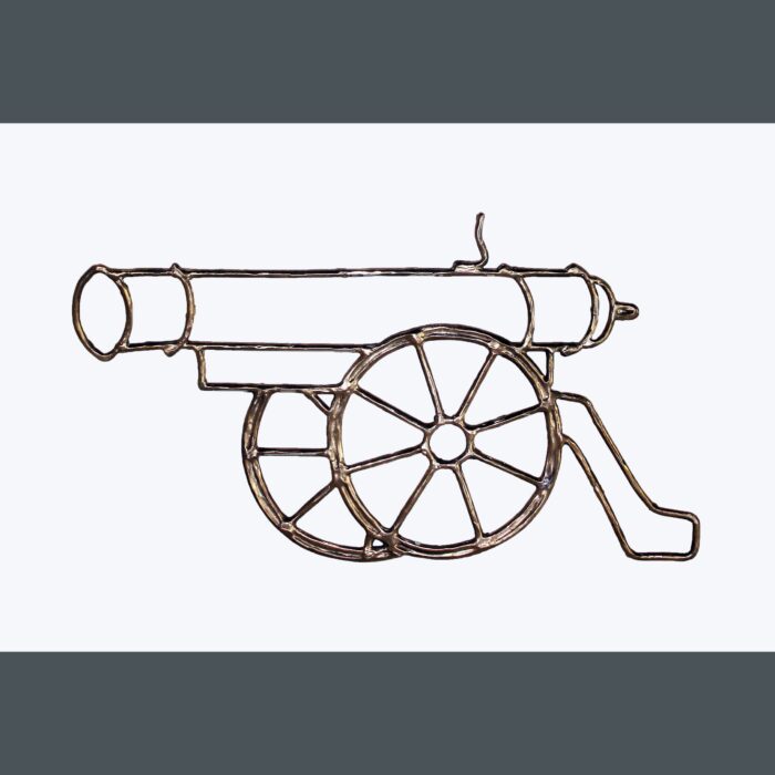 Modern, contemporary art: a wall-hanging oxidized metal sculpture in cast bronze filigree, the design features an abstract simplified line design of a Gribeauval System cannon, utilized during the French and American Revolutions. The art is displayed on a white background.