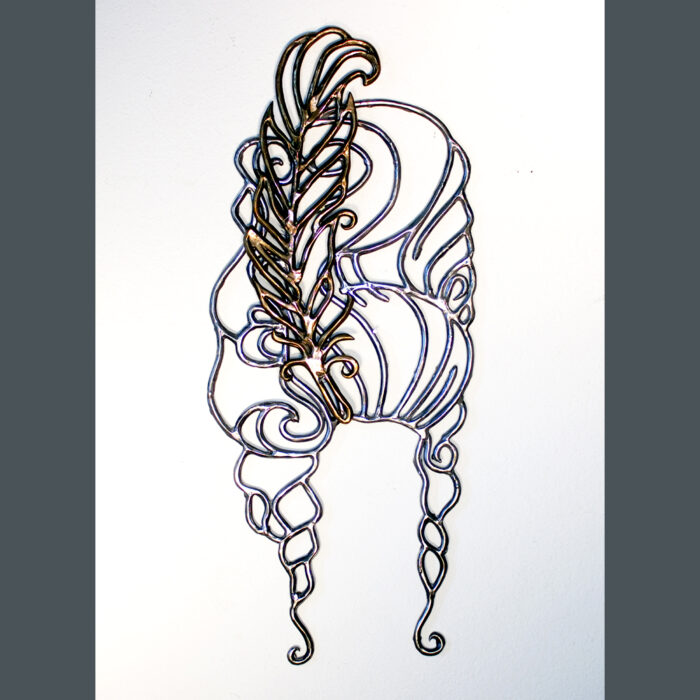 Modern, contemporary art: a wall-hanging polished metal sculpture in cast bronze and stainless steel filigree, the design features an abstract and simplified line design of the artist's impression of Queen Marie Anoinette's eleborate wigs. The swirling coiffure of hair is cast in stainless steel. An adorning ostrich feather is cast in bronze and attached with woven steel wire. The art is displayed on a white and grey gradient background.