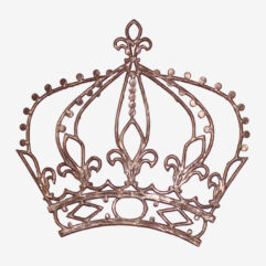 Modern, contemporary art: a wall-hanging metal sculpture in polished cast bronze filigree, the design features an abstract geometric line design of the crown monogram of Marie Antoinette and is displayed on a white background.