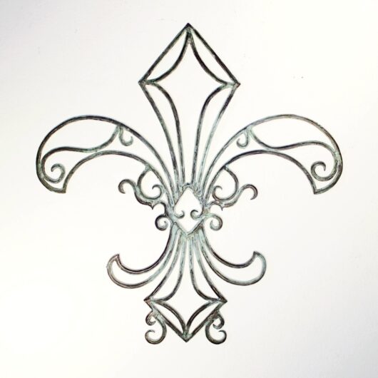 Modern, contemporary art: a wall-hanging metal sculpture in cast bronze filigree with blue-green patina, the design features the polished geometric symmetrical lines and organic swirls of an abstract Fleur-di-Lis on a white background.